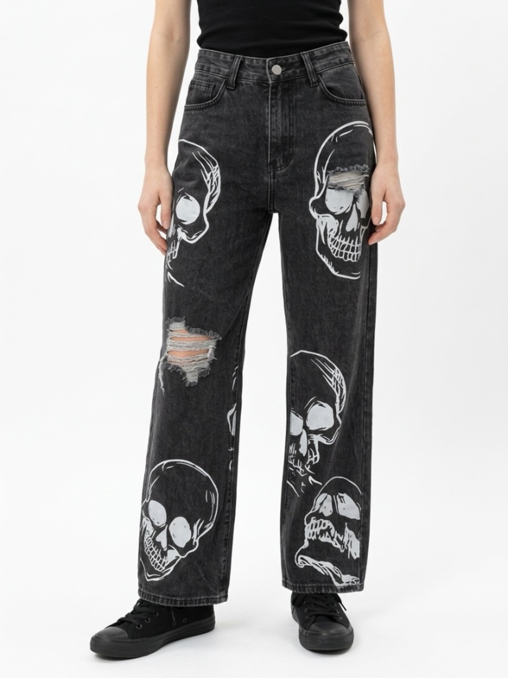 ROMWE • Skull Print Distressed Wide Leg Baggy Jeans Black Grunge Goth M